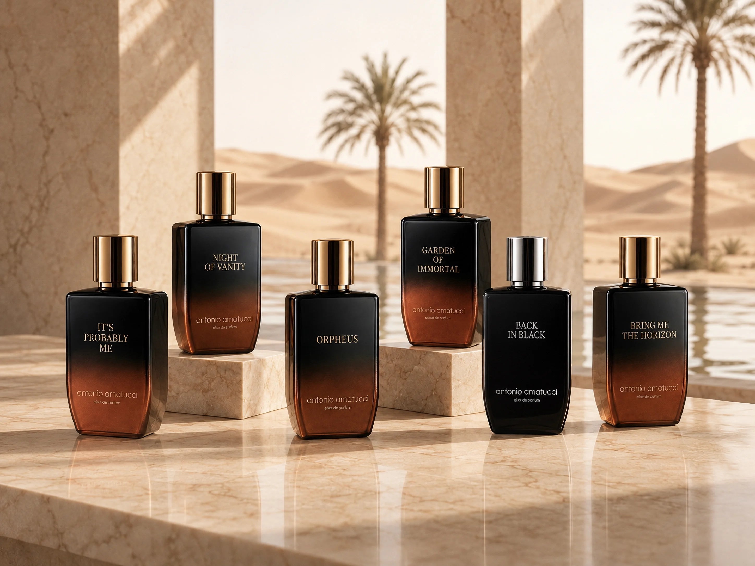 Linea completa di profumi Antonio Amatucci inclusi Garden of Immortal e Orpheus esposti in un tempio nel deserto
