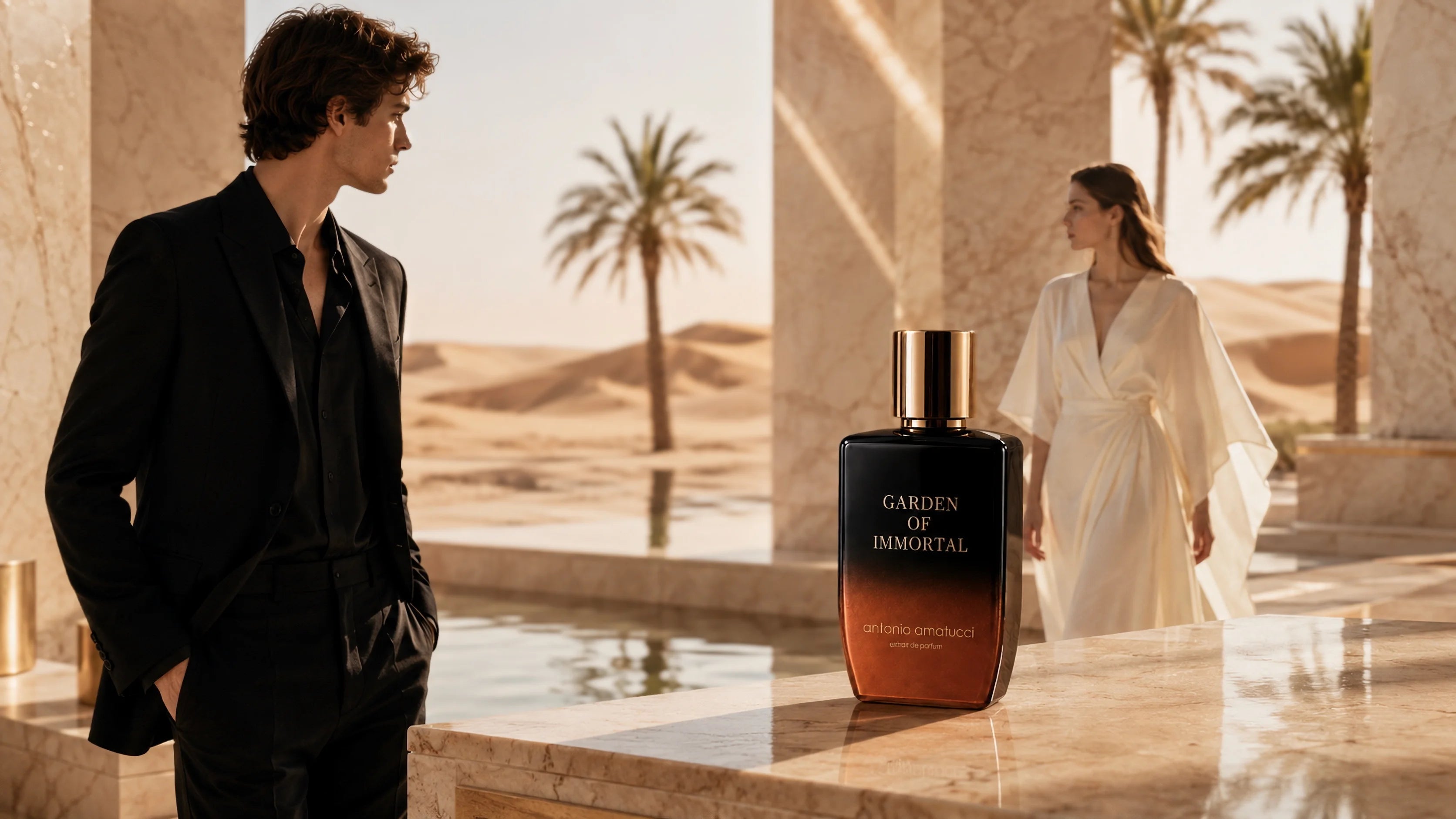 Flacone di profumo Garden of Immortal di Antonio Amatucci in un tempio nel deserto con un uomo e una donna